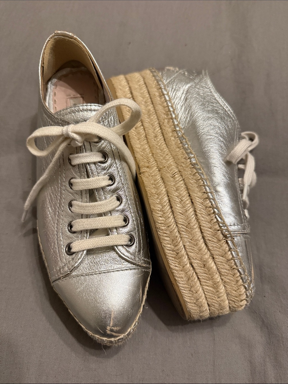 Miu Miu Silver Metallic Lace-Up Espadrille Platform Sneakers
